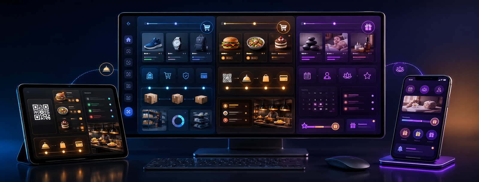 Desktop and mobile screens showing e-commerce, restaurant ordering, and spa and salon booking journeys